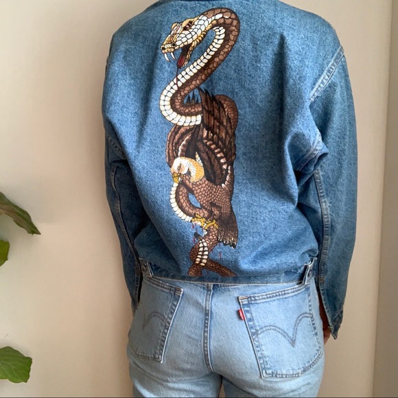 Vintage Jackets & Blazers - Vtg Cobra Cotton Denim Jean Jacket Graphic Print M